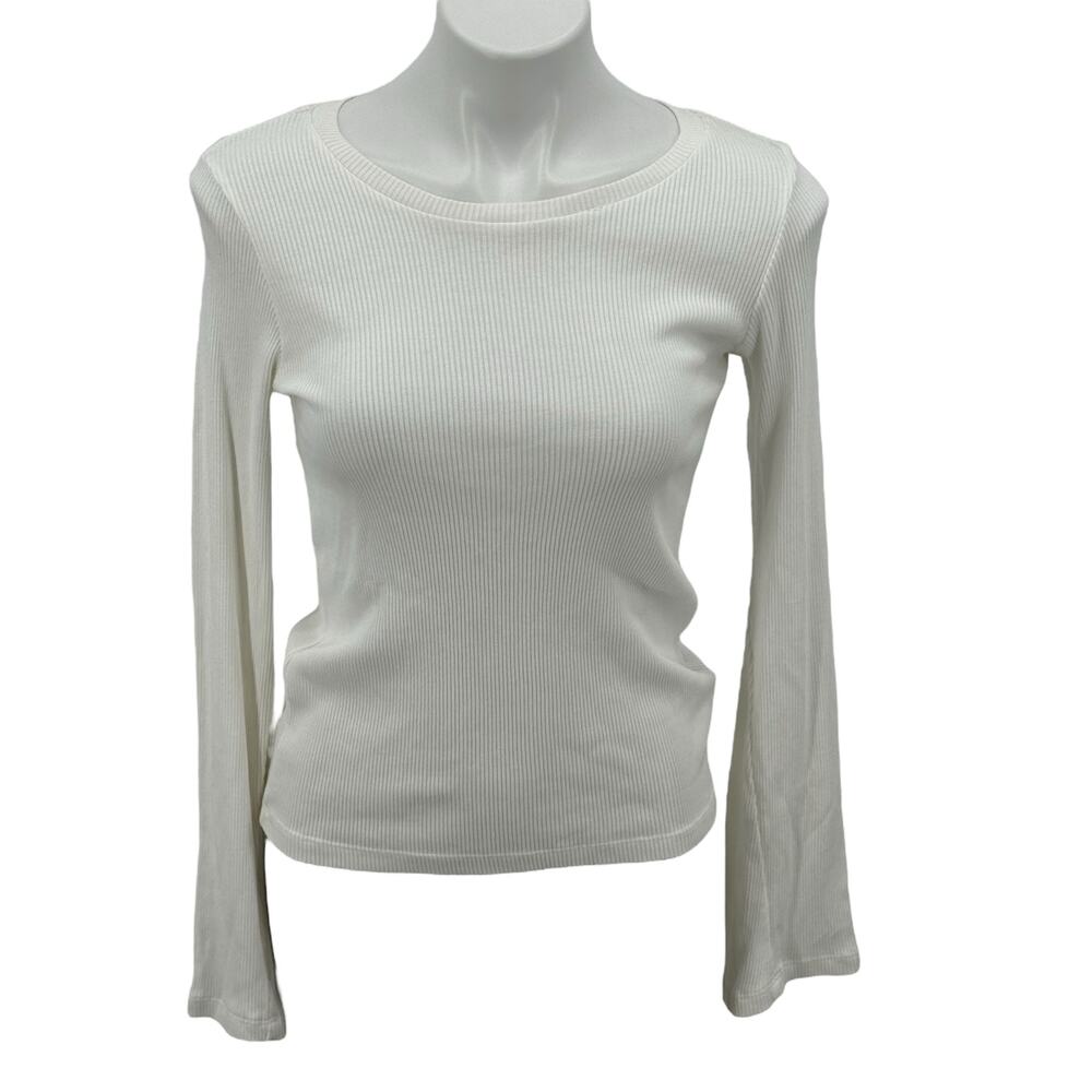 Monrow Bell Sleeve Rib Top Revolve Women's SZ XS White Comfort Feminine Elegant